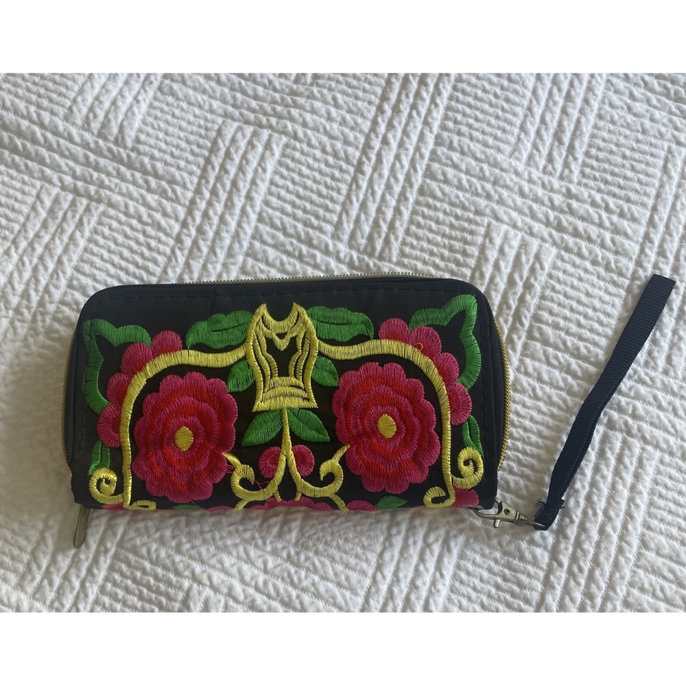 Bright Pink Yellow Floral Flower Embroidered Clutch Wallet Zip Around Pockets